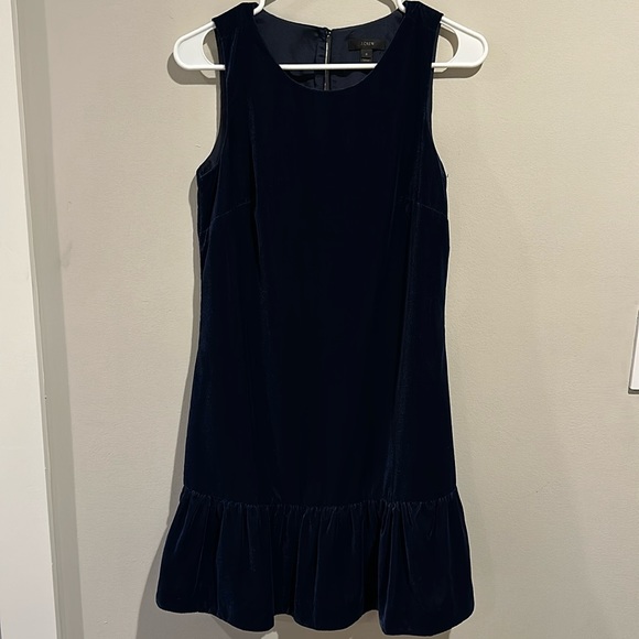 J Crew Deep Navy Blue Velvet Ruffle Hem Dress - Picture 2 of 6